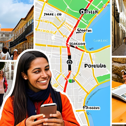 **Image Prompt 1:** A vibrant collage showcasing a passionate tour guide engaging with tourists. The collage includes elements representing local history books, a map highlighting hidden gems in Lisbon or a similar Portuguese city, a diverse group of tourists smiling, and a smartphone displaying positive feedback reviews. The overall impression should be one of knowledge, communication, and personalized service, emphasizing the guide's connection with the tourists.