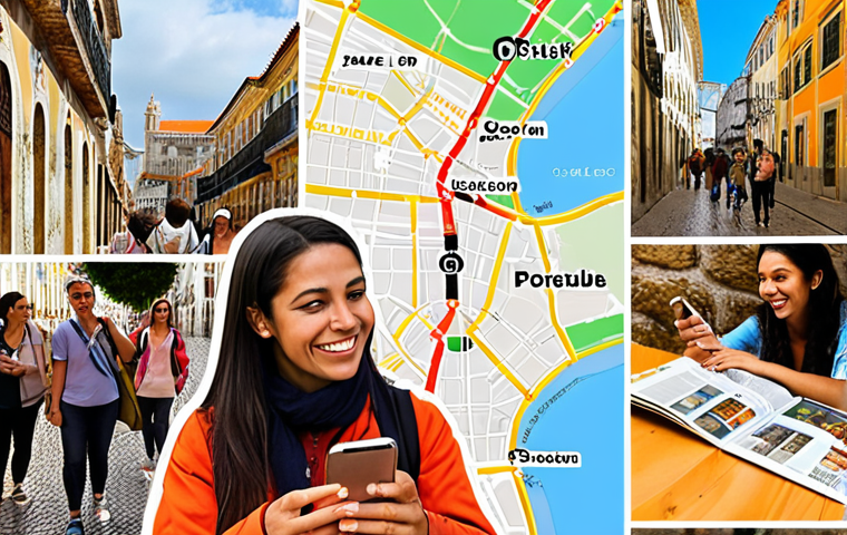 **Image Prompt 1:** A vibrant collage showcasing a passionate tour guide engaging with tourists. The collage includes elements representing local history books, a map highlighting hidden gems in Lisbon or a similar Portuguese city, a diverse group of tourists smiling, and a smartphone displaying positive feedback reviews. The overall impression should be one of knowledge, communication, and personalized service, emphasizing the guide's connection with the tourists.