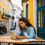 관광통역안내사와 관련된 온라인 시험 대비 자료 - **Prompt:** A young, focused adult of Portuguese or Brazilian ethnicity is seated comfortably at a m...
