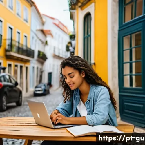 관광통역안내사와 관련된 온라인 시험 대비 자료 - **Prompt:** A young, focused adult of Portuguese or Brazilian ethnicity is seated comfortably at a m...