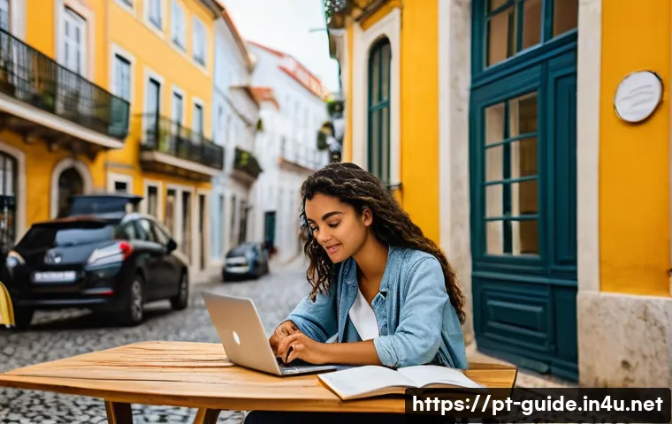 관광통역안내사와 관련된 온라인 시험 대비 자료 - **Prompt:** A young, focused adult of Portuguese or Brazilian ethnicity is seated comfortably at a m...