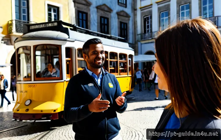Home 27 관광통역안내사 직업의 장단점 - Photorealistic travel interpreter guide in Lisbon, Portugal, confidently leading a small diverse gro...